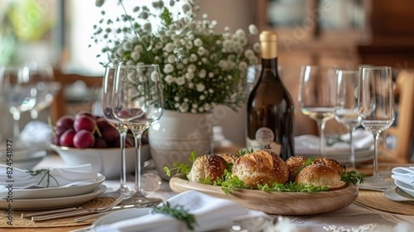 Fototapeta Elegant Still Life with Wine, Bread, and Flowers.