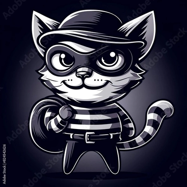 Obraz Cute cartoon cat dressed as a thief with a mask and striped shirt, perfect for children's illustrations and playful designs.