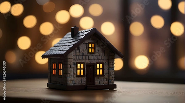 Obraz Figure of house and warm clothes on table against blurred bokeh lights. Home heating, money and energy saving concept