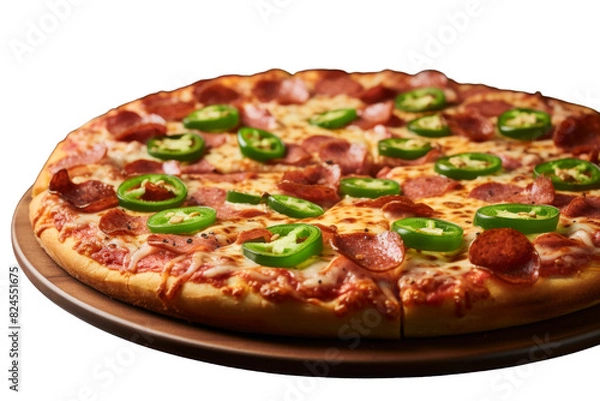 Fototapeta Fiery Delight: Pepperoni and Jalapeno Pizza Dance on a Pan on a White or Clear Surface PNG Transparent Background.