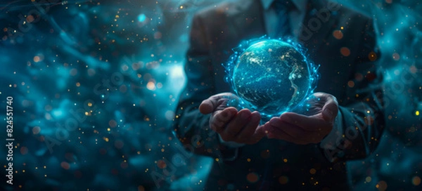 Fototapeta Hands Holding Digital Globe Representing Global Connectivity. Generative-AI.