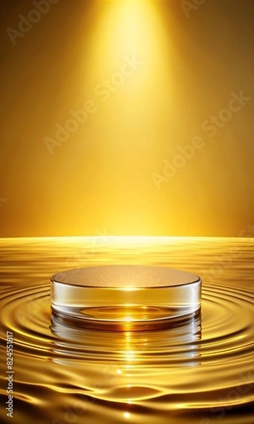 Fototapeta Glass Podium in the water for Advertising Products, Golden color,  light waves around.  Mockup, 3D rendering with copy space