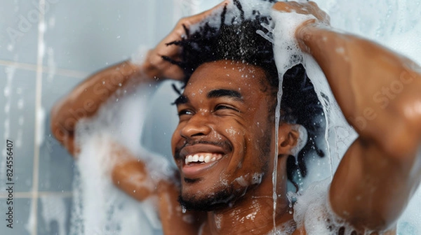 Fototapeta A man happily washing his hair in the shower, where bubbles of foam float in the air and the water flows gently over his skin, giving him refreshing comfort.