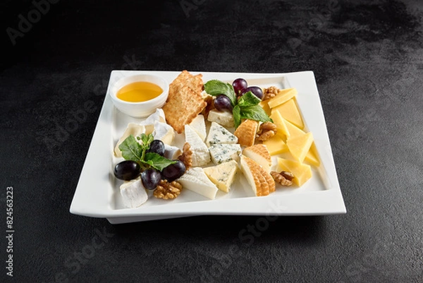 Fototapeta Cheese board with grapes and honey on a white plate against a black background