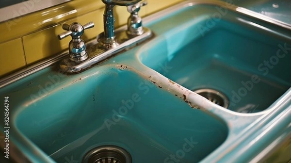 Fototapeta Vintage kitchen sink made of cast iron with enamel coating, close-up on an isolated background, studio lighting highlighting its sturdy and colorful design