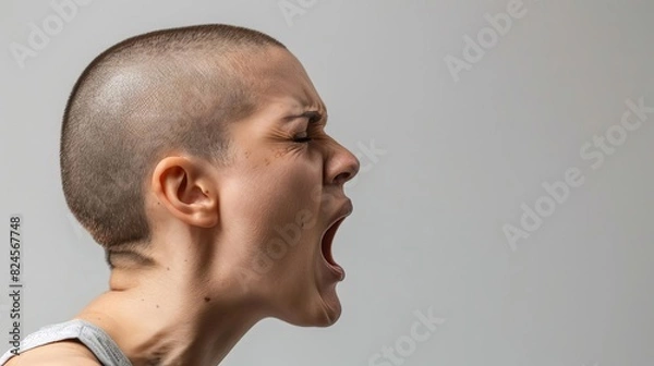 Fototapeta Side profile of a person with a shaved head shouting, expressing strong emotion and intensity against a plain background.