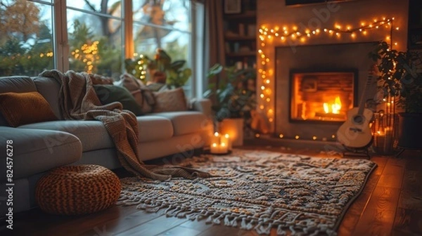 Obraz Cozy living room with a lit fireplace, decorated with fairy lights and a comfortable sofa, perfect for a relaxing evening indoors.