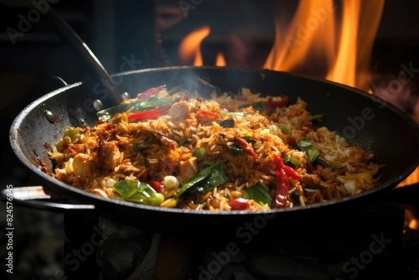 Obraz Indonesian nasi goreng sizzling in a hot wok.