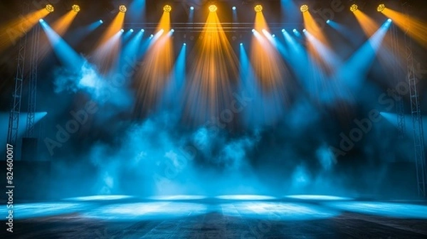 Obraz Empty Stage With Blue And Yellow Lighting In A Club Setting