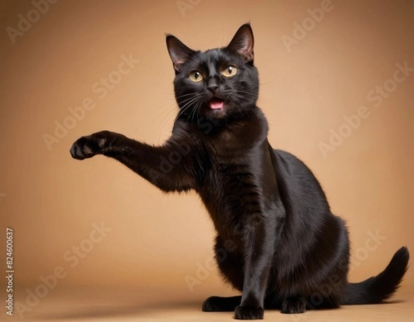 Fototapeta A black cat is pointing at something with its paw
