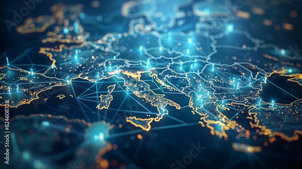 Fototapeta Digital map of Europe with glowing connections between cities, symbolizing global connectivity and digital transformation. The deep blue background conveys depth and wisdom. A closeup view highlights 