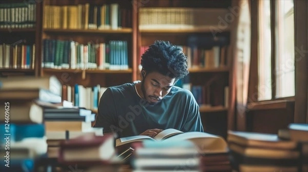 Fototapeta A man reading a book in a library.