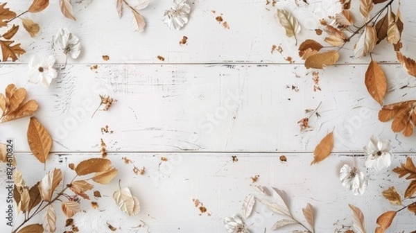 Fototapeta The photo shows a whitewashed wooden background with a border of dried leaves and flowers in autumn colors.