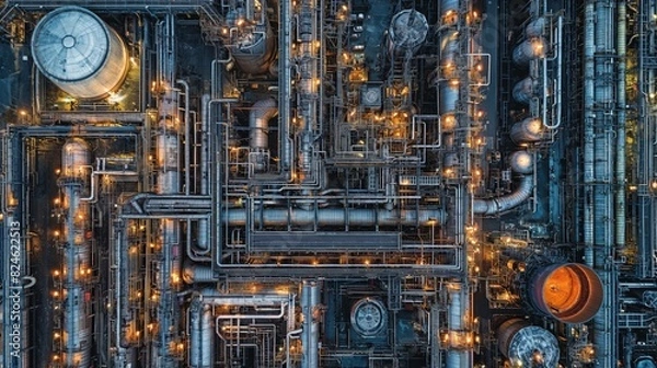 Fototapeta Aerial view of an industrial refinery complex with intricate network of pipes and tanks illuminated at night, showcasing advanced engineering.