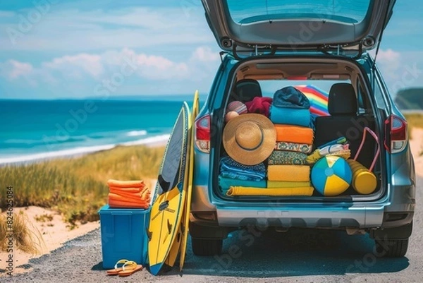 Fototapeta Beach Trip Essentials Packed in an SUV