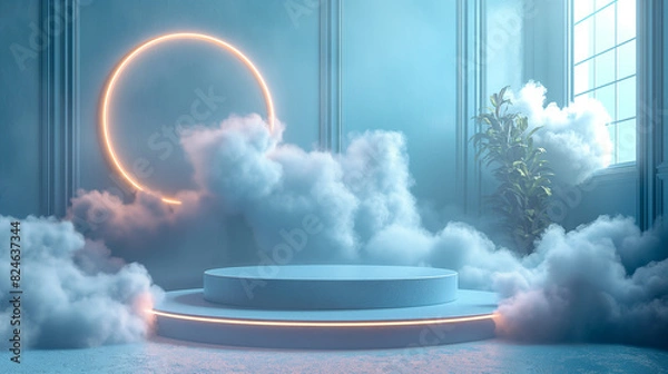 Obraz Podium bleu 3D avec nuages de fumée, classe, pour produits