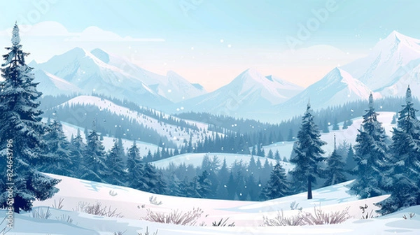 Fototapeta illustration of a winter mountain landscape with snowy fir trees, hills and mountains.