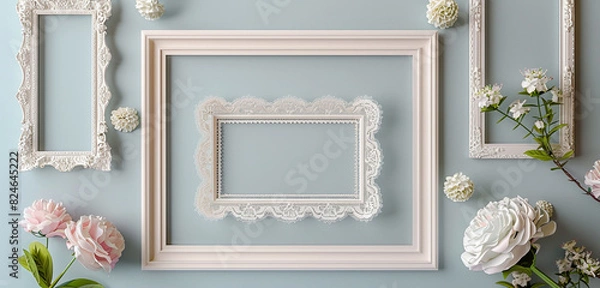 Fototapeta Romantic interior featuring delicate frame mockups with lace borders, ideal for enhancing feminine decor themes.