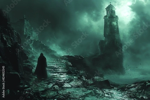 Fototapeta A lone figure walks towards a towering, ominous clock tower in a desolate, mist-shrouded landscape.