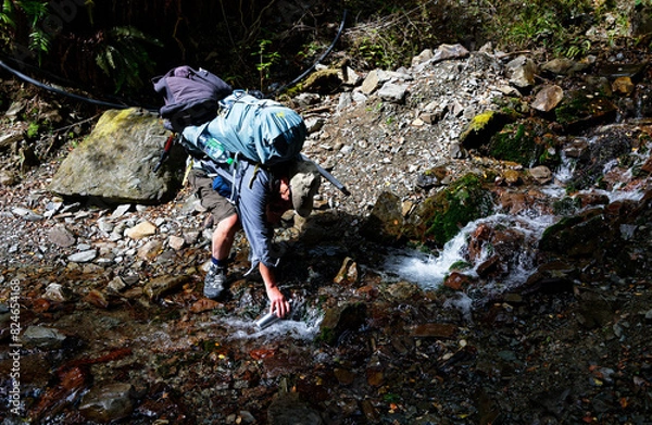 Obraz A tramper or hiker is leaning over refilling his stainless steel drinking bottle from a stream.