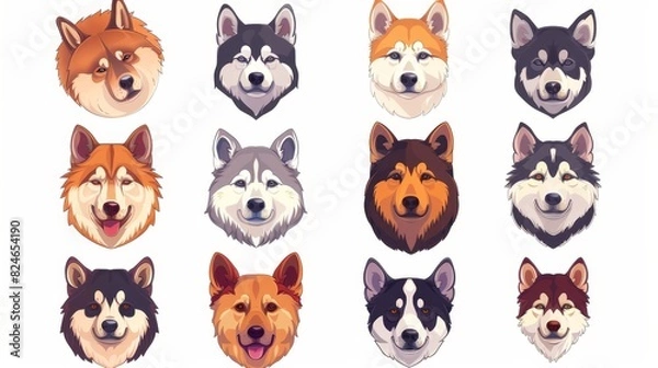 Fototapeta Different breeds of dogs are isolated on a white background, with different heads of each