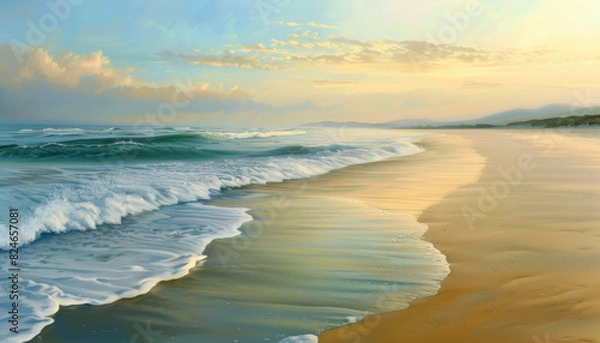 Fototapeta A painting of a beach with a large wave crashing onto the shore