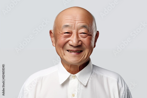Fototapeta Smiling senior asian man on white background. Topics related to old age. Asian. China. Japan. Retirement home. Retirement. Image for Graphic Designer. Senior residence. AI.