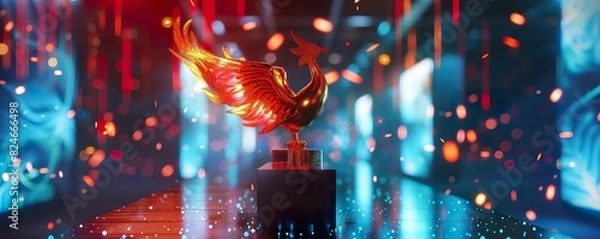 Obraz Best performance trophy shaped like a rising phoenix, placed on a polished pedestal beside digital screens