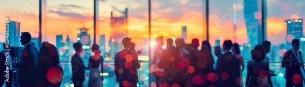 Obraz Blurred business crowd networking at a corporate cocktail party, with skyscrapers and a sunset view in the background