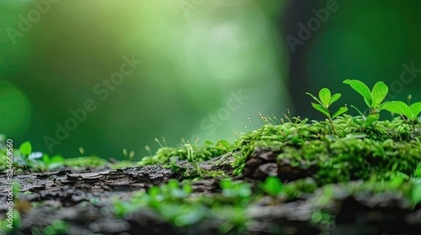 Fototapeta Close-up of fresh green moss and small plants growing on a tree trunk, illuminated by soft natural light, with a blurred forest background.