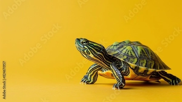 Fototapeta D'Orbigny's slider or the black-bellied slider, tiger turtle  on yellow background, animal photography