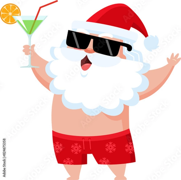 Fototapeta Happy Summer Santa Claus Cartoon Character In Swimsuit Chilling Out With Cocktail. Vector Illustration Flat Design Isolated On Transparent Background