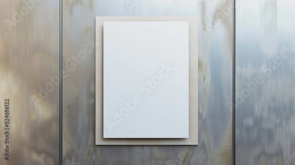 Fototapeta Blank glued poster template on a brushed aluminum wall, realistic 3D rendering of an advertising canvas.