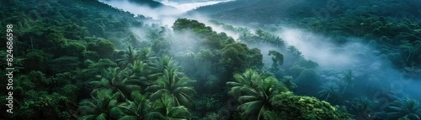 Fototapeta Aerial view of lush green rainforest covered in mist, creating a serene and mystical atmosphere in the dense tropical jungle.