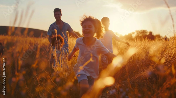 Fototapeta Happy family running in the field at sunset, laughing and playing together. Cinematic scene with natural light of a sunny day near sunset in the summer. Soft colors with a blurred background.