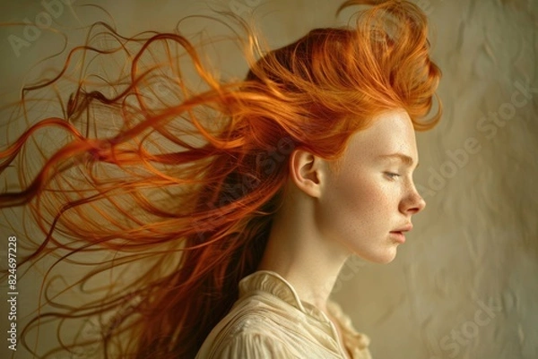 Fototapeta A woman with red hair blowing in the wind. Suitable for various lifestyle and beauty concepts