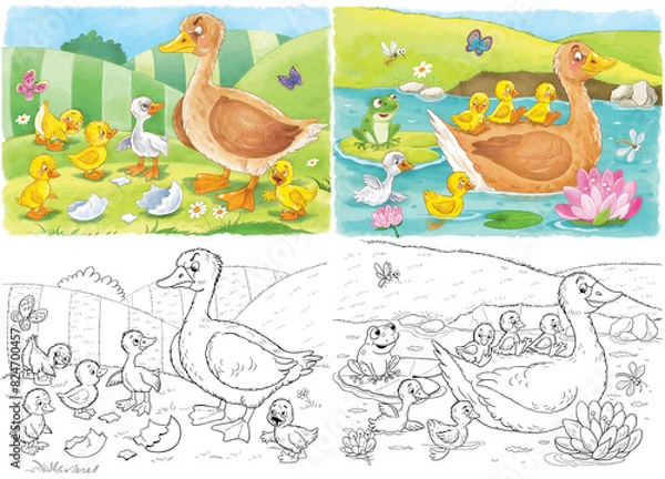 Fototapeta Ugly Duckling. Fairy tale. Small collection of cute characters. Illustration for children. Coloring page