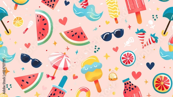 Fototapeta Colorful Summer Pattern with Watermelon, Sunglasses, and Umbrellas