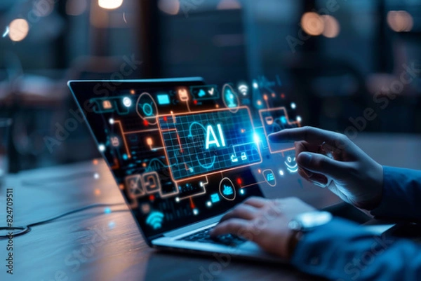 Fototapeta Hand of businessman using smart AI artificial intelligence chatbot in laptop with virtual graphic AI.