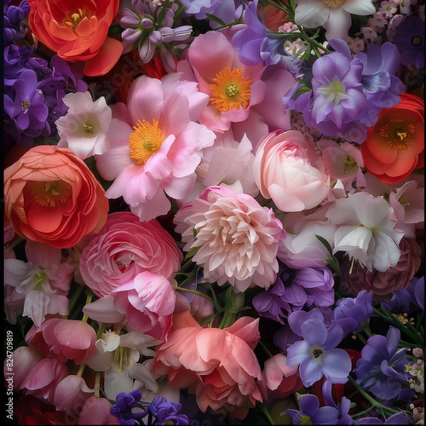 Fototapeta Amidst a soft, ethereal light, a delicate bouquet of pink roses blooms gracefully. Each velvety petal unfurls, revealing a spectrum of blush hues, from the palest whispers to the deepest rosy tones.