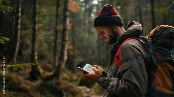 Fototapeta A man with a backpack studying a map. Suitable for travel and exploration concepts