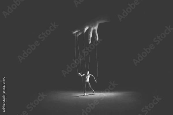 Obraz Illustration of puppet and puppeteer performance, abstract surreal control concept
