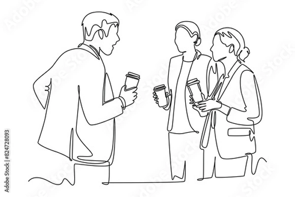 Fototapeta Gathering employees Concept. Single line draw design vector graphic illustration.