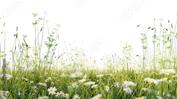 Fototapeta Fresh field with grass and yellow flowers green grass isolated against a transparent background. blurry blue sky with clouds. natural leaf border background