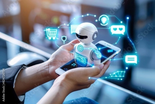 Fototapeta Modern Customer Service: Person Using AI Chatbot on Smartphone for Instant Assistance
