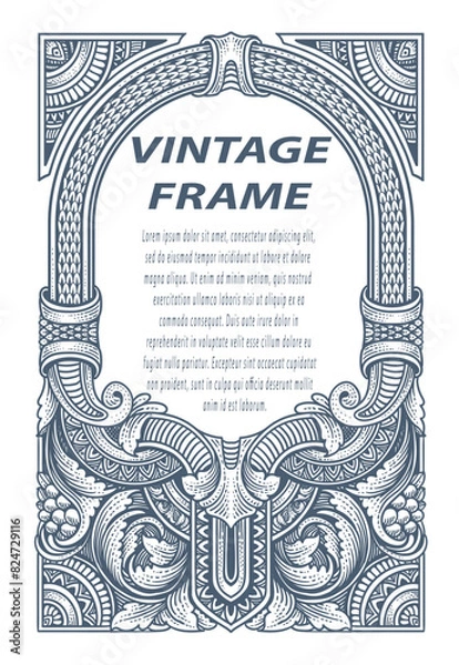 Fototapeta Vintage border frame engraving with antique ornament pattern - Vector Eps 10