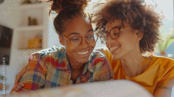 Fototapeta Happy lesbian couple examining a house's blueprint indoors, envisioning their future home together. The photo captures their excitement and collaborative spirit as they plan their living space.