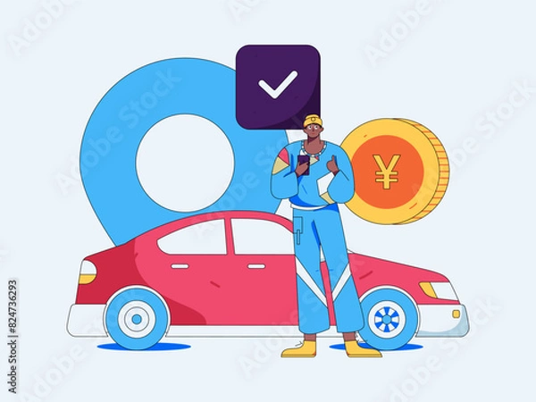 Fototapeta Flat vector concept operation hand drawn illustration of people taking a taxi
