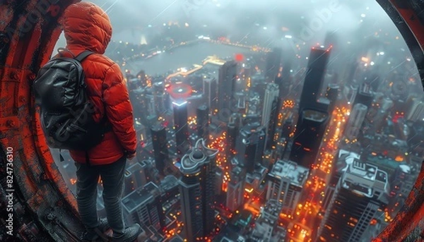 Fototapeta A lone figure stands on the edge of a building, overlooking a sprawling cityscape at night.