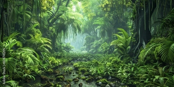 Obraz A painting of a jungle with a river running through it generated by AI